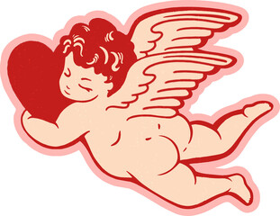 Cherub-like infant is flying holding red heart in vintage illustration on transparent background