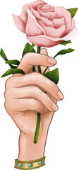 Hand is holding pink rose stem in flat design, showing gold-tone bracelet, transparent background