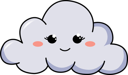 Cartoon gray cloud is floating on transparent background showing eyelashes, blush spots, smile