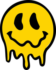Stylized melting yellow smiley face emoji is dripping in flat design on transparent background