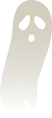 Floating cartoon ghost is gliding in flat-style with hollow eyes and mouth on transparent backdrop
