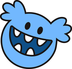 Blue cartoon monster is showing toothy grin in flat vector design with transparent background