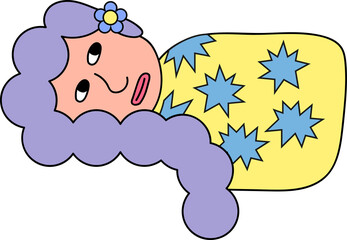 Woman is being shown in flat design with purple hair and star blanket on transparent background