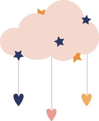 Naklejka premium Peach cloud is hovering in flat design showing hanging hearts and stars on transparent background