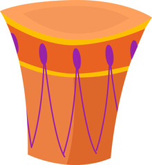 Showing flat design drum with peach head, yellow bands, purple ropes, orange body, clear background