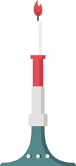 Flat illustration is depicting candle on transparent background with shaft, red flame, teal base