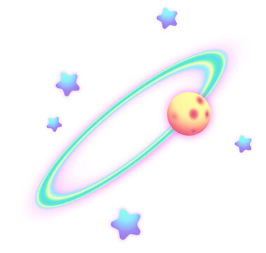 Fototapeta Stylized pastel-ringed planet is floating in flat design with star shapes, transparent backdrop