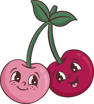 Fototapeta Cartoon cherries are showing shiny eyes, tongue out, green stems, leaves on transparent background