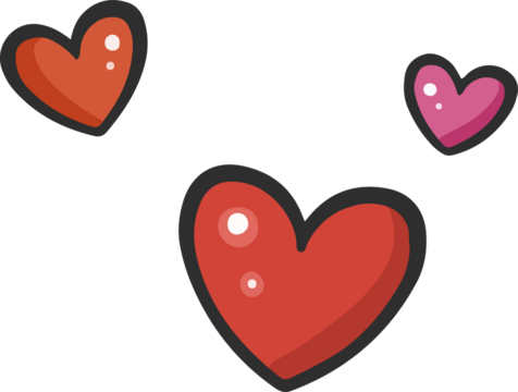 Three flat design hearts are floating against transparent backdrop with glossy shine and outlines
