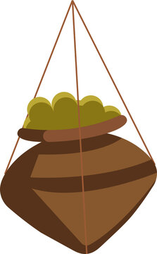 Fototapeta Clay pot is hanging by three cords and displaying yellow-green bulbs on transparent flat backdrop