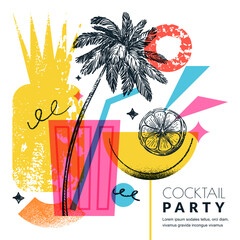 Beach summer party banner. Modern vector collage with sketch palm, cocktails, lemon, pineapple for club poster, bar menu