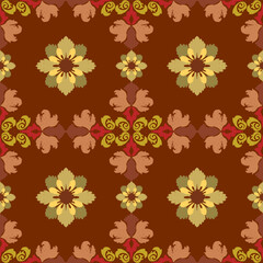 A seamless floral pattern featuring yellow and pink flowers with decorative swirls on a rich brown background.