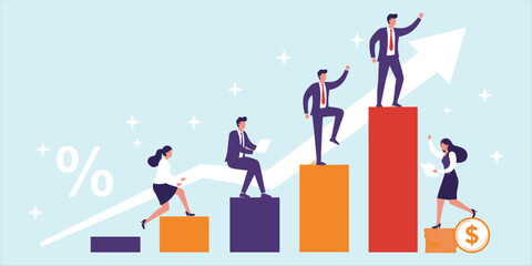 Business Growth and Success: Team Climbing Ladder of Achievement with Progress Indicators