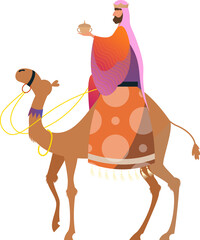 Crowned traveler is riding camel and holding golden vessel in flat vector art, transparent backdrop