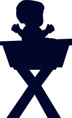 Flat design baby silhouette is sitting in highchair with tray and X legs on transparent background