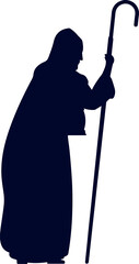 Hooded figure silhouette is standing in flat design holding shepherd's crook on transparent bg