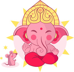 Pink elephant deity is sitting in flat design with golden crown and mouse, transparent background