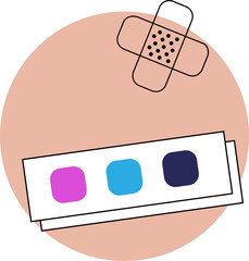 Showing flat-style bandage and test strip with three swatches on peach circle on transparent field
