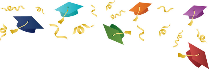 Vector graduation caps floating with gold tassels on transparent backdrop creating confetti ribbons