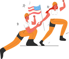 Cartoon construction duo are posing in flat design with helmets, boots and flag on transparent bg