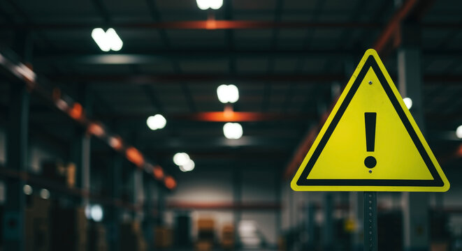 Yellow triangular warning sign in industrial warehouse with blurred shelving background. Safety alert and workplace hazard concept