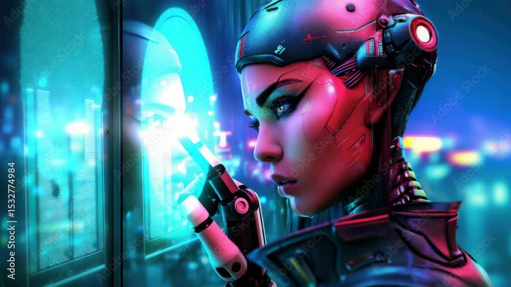 Aufkleber female cyberpunk character with robotic arms, in front of an office window overlooking a futuristic 