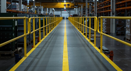Yellow safety railings in industrial warehouse with shelving and storage systems. Workplace safety barriers and warehouse infrastructure concept