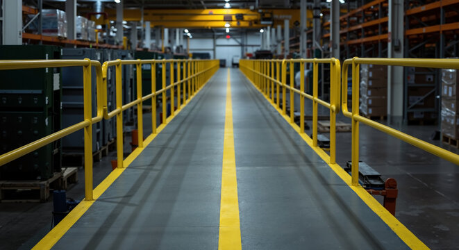 Yellow safety railings in industrial warehouse with shelving and storage systems. Workplace safety barriers and warehouse infrastructure concept