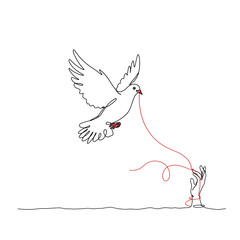 "Minimalist Dove Holding Red Thread Flying from a Hand &ndash; Symbol of Freedom and Connection"