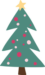 Flat design Christmas tree is wearing yellow star and red-pink ornaments on transparent background