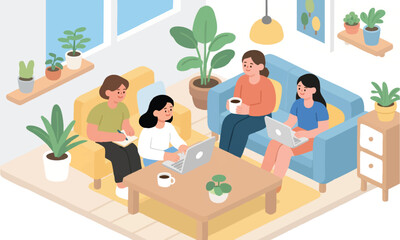 working in a group working away from home, enjoying a cup of coffee while using his laptop in his workspace