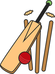Stylized flat cricket scene showing bat, stumps, broken bails, red ball on transparent background