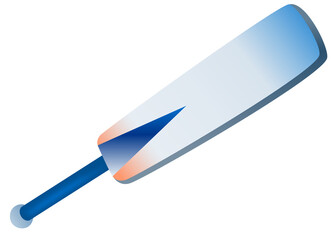 Flat bat is floating on transparent background with grey-to-blue blade, orange accents, copy space