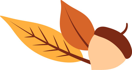 Obraz premium Flat art is featuring acorn on twig with yellow and orange autumn leaves, transparent background