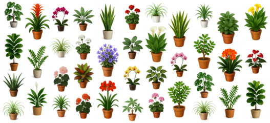Variety of colorful potted plants arranged, isolated,
The most common indoor potted flowers for your designs, isolated, transparent background, no background