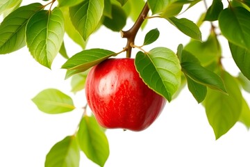 Single red apple hanging from branch with lush green leaves
