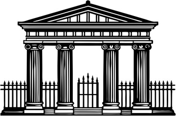 Obraz premium Classical Architecture Majestic Temple Gate with Ionic Columns and Ornate Fence
