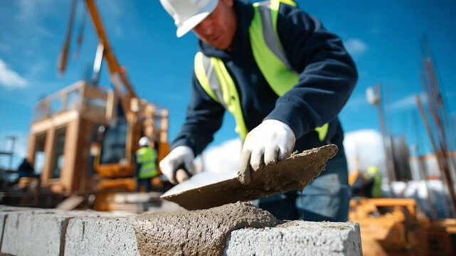 Detailed shot of a mason&rsquo;s trowel spreading mortar on a brick, hands in focused motion, while the half-built structure looms behind in a busy construction zone
