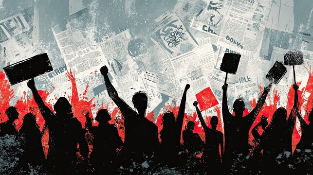 Silhouetted crowd of protesters raising fists and signs against a backdrop of chaotic newspaper clippings, symbolizing social movements and collective action for change