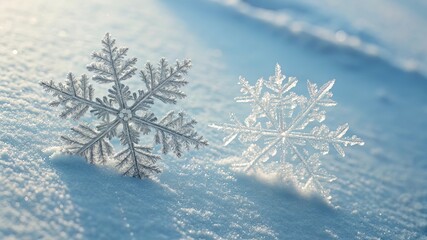 Two delicate snowflakes resting on a bed of fresh sparkling snow
