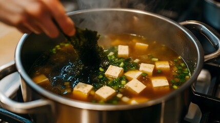 Close-Up of Japanese Miso Soup with Tofu and Seaweed Simmering on Stove