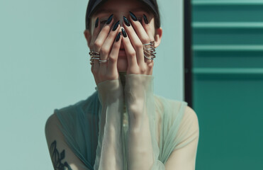 High-end editorial shot of tired hands with glossy black manicure, abstract metal jewelry wrapping across knuckles