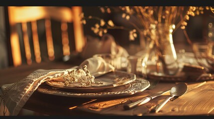 Bohemian Table Setting with Artisanal Ceramics and Vintage Silverware, Close-Up of Rustic Dining Decor with Dried Florals and Textured Linens, Ideal for Restaurant Menu or Wedding Invitation Design