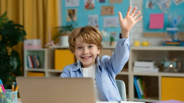Curious Learner Raising Hand: A bright-eyed child, brimming with curiosity and engagement, raises their hand enthusiastically during a virtual lesson, creating a sense of involvement and education.