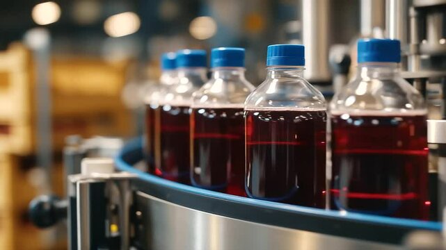 Glass bottles filled with strawberry juice gliding past mechanical labelers, raspberry crates visible in background as raw materials