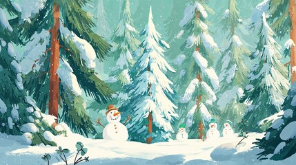 Fototapeta premium Winter wonderland scene featuring cheerful snowmen among tall evergreen trees, blanketed in fresh snow, creating a magical and festive atmosphere in a serene forest setting