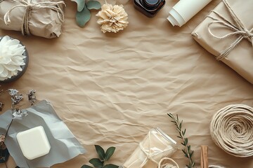 Rustic gift wrapping ideas brown paper presents twine flowers stationery flat lay aesthetic background