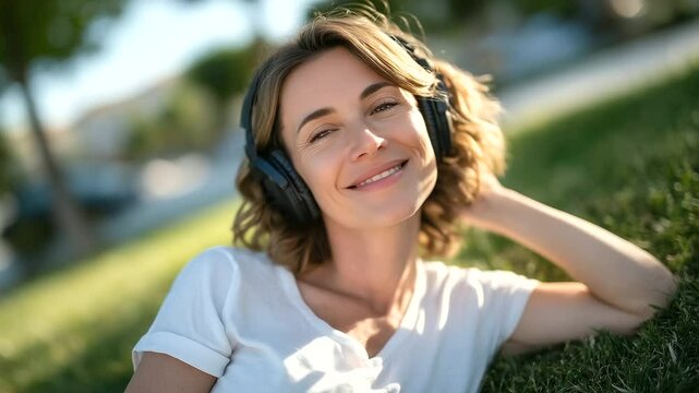 Portrait of contentment as a woman lounges in green grass, lost in an audio story, sunlight dappling across her white tee and headphones