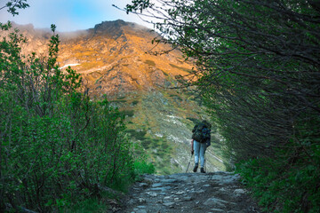 Backpacker on stone path surrounded by vegetation during sunset. Solo adventurer hiking scenic mountain route with golden light on peaks