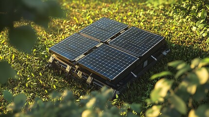 Portable solar panel system for camping energy generation in green grass environment outdoors